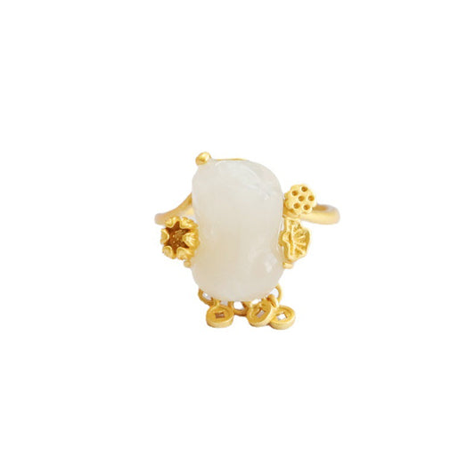 925 Sterling Silver White Hetian Jade Pixiu Ring