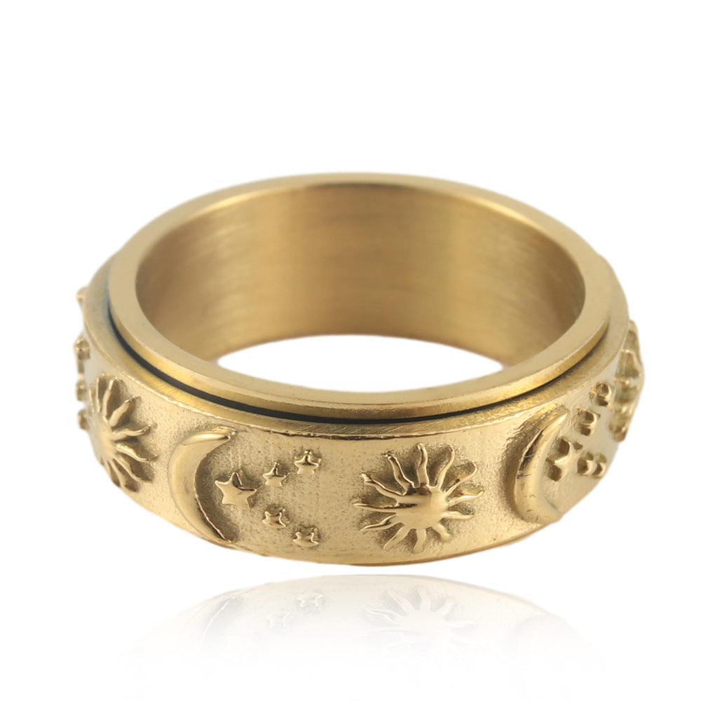 Titanium Steel Rotating Sun and Moon Ring for Men - Retro Stainless Steel Design