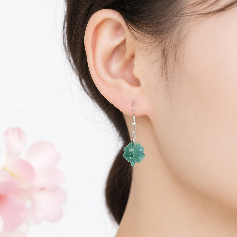 Jadeite Clover 925 Silver Hook Earrings