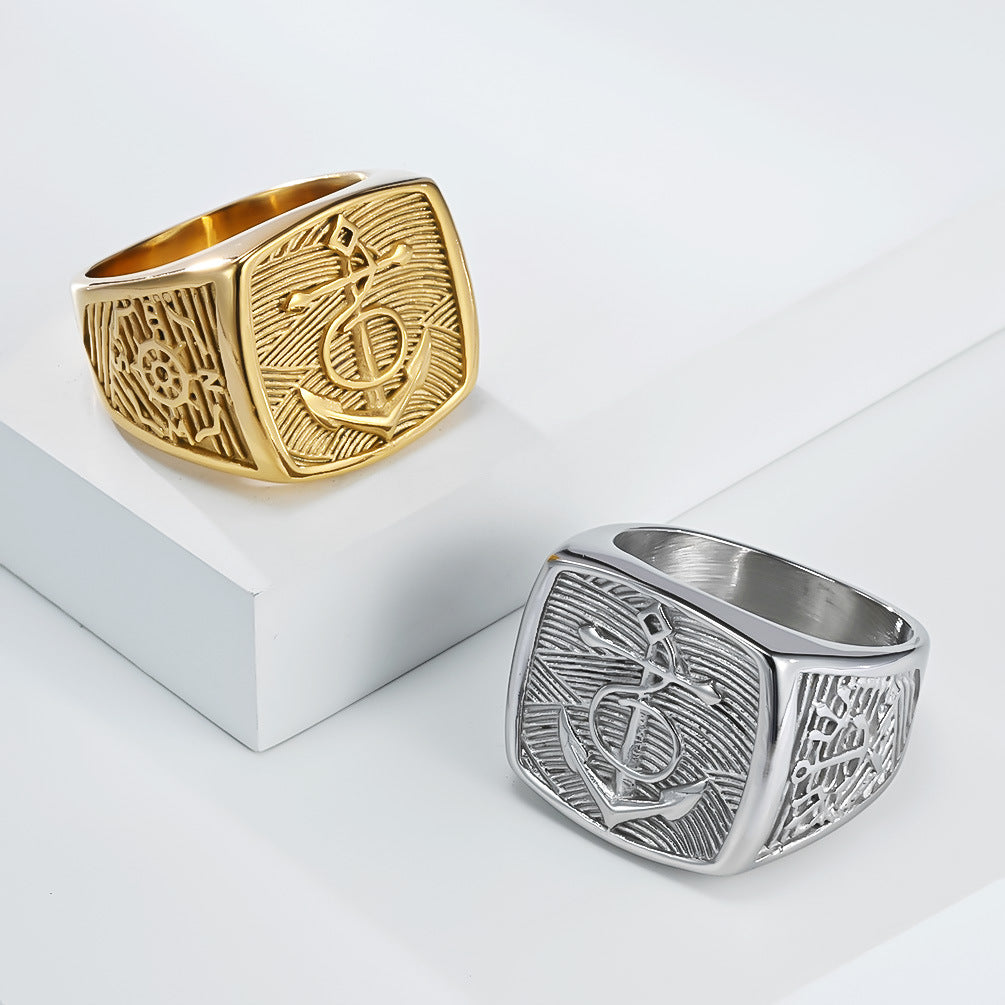 Planderful For Men Ring Anchor Rudder Steel Personalized