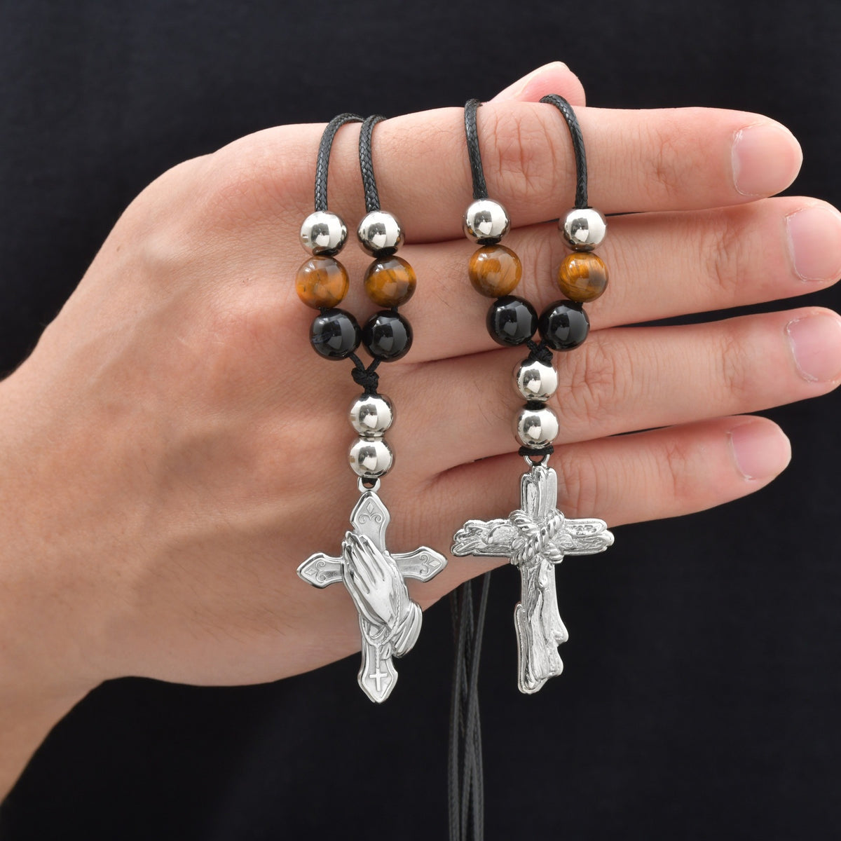 Stainless Steel Cross Agate Tiger's Eye Stone Beaded Adjustable Necklace
