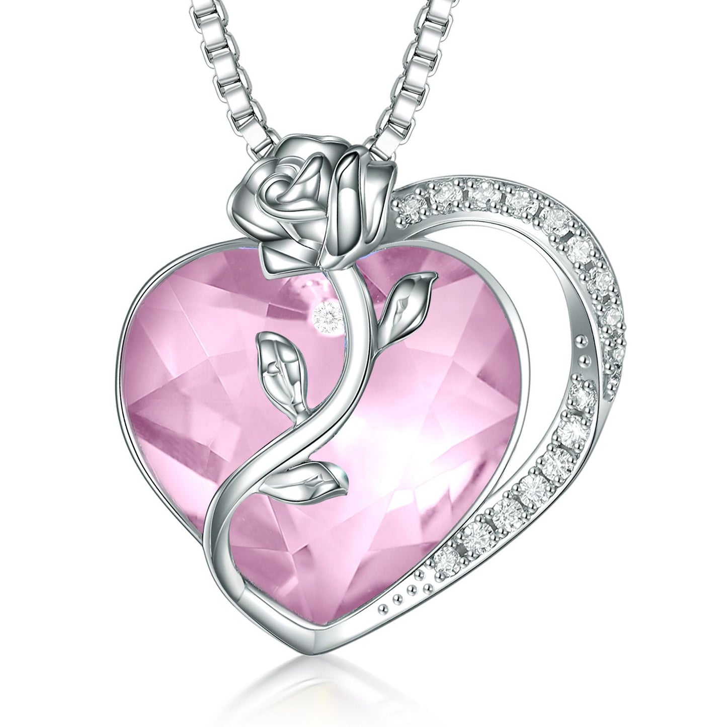 S925 Sterling Silver Rose Love Necklace with Crystal Pendant