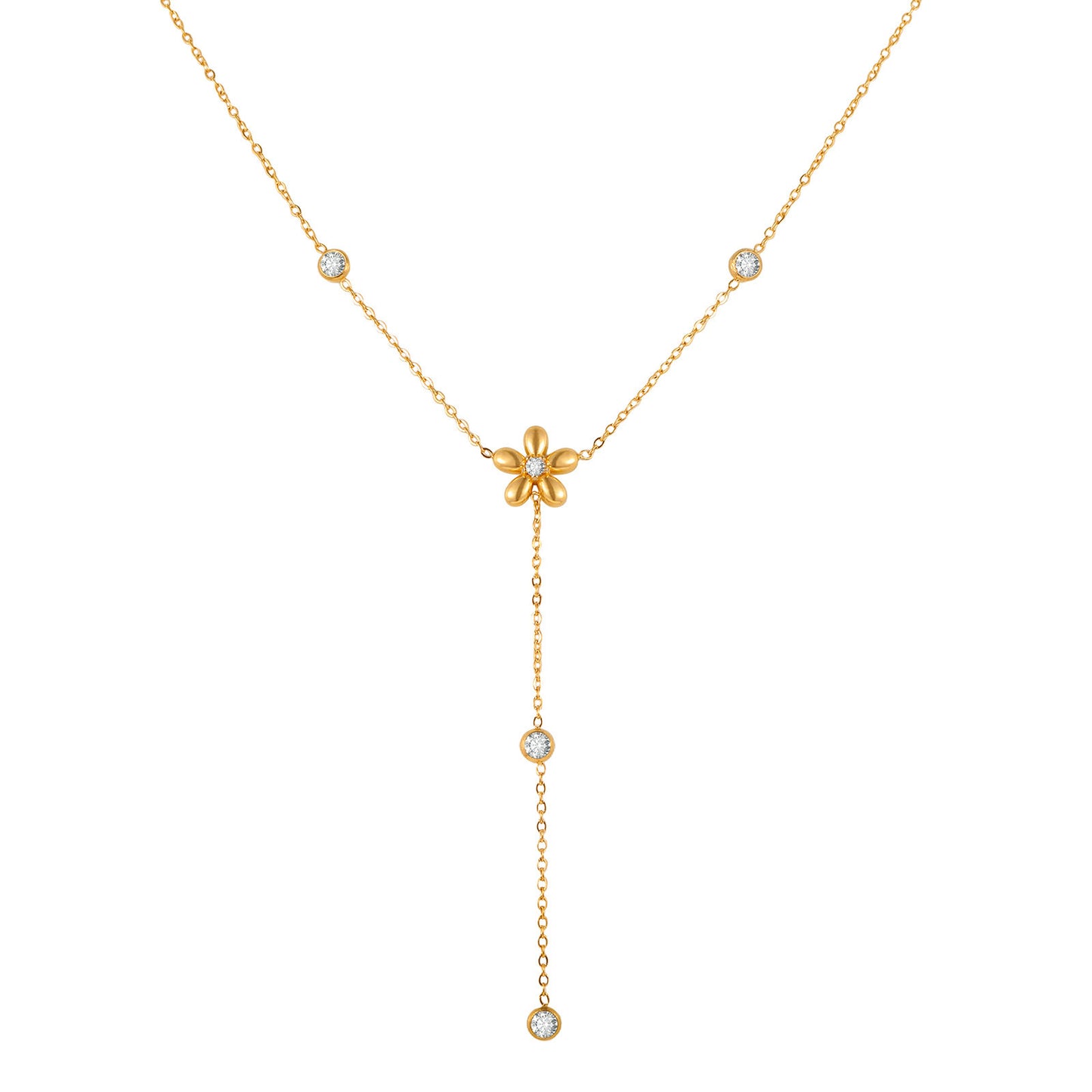 Stainless Steel Long Fringed Chain Necklace White Zircon Flower Y-Shaped Necklace