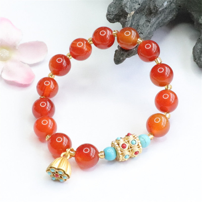 Lotus Tassel Sterling Silver Bracelet with Natural Red Agate and Chalcedony