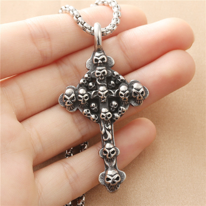 Personalized Punk Skull Pendant Necklace - Retro Stainless Steel Ghost Head Cross Design for Men