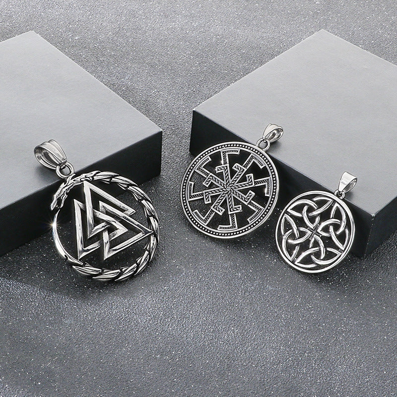 Viking Link Hollow Round Pendant, Old Nordic Octagram Celtic Knot Titanium Steel Men's Necklace