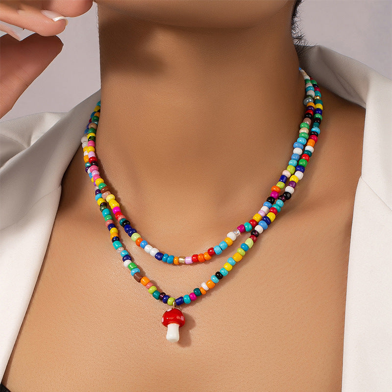 Sophisticated Dual Strand Beaded Mushroom Necklace with Unique Design Aesthetic - European and American Style