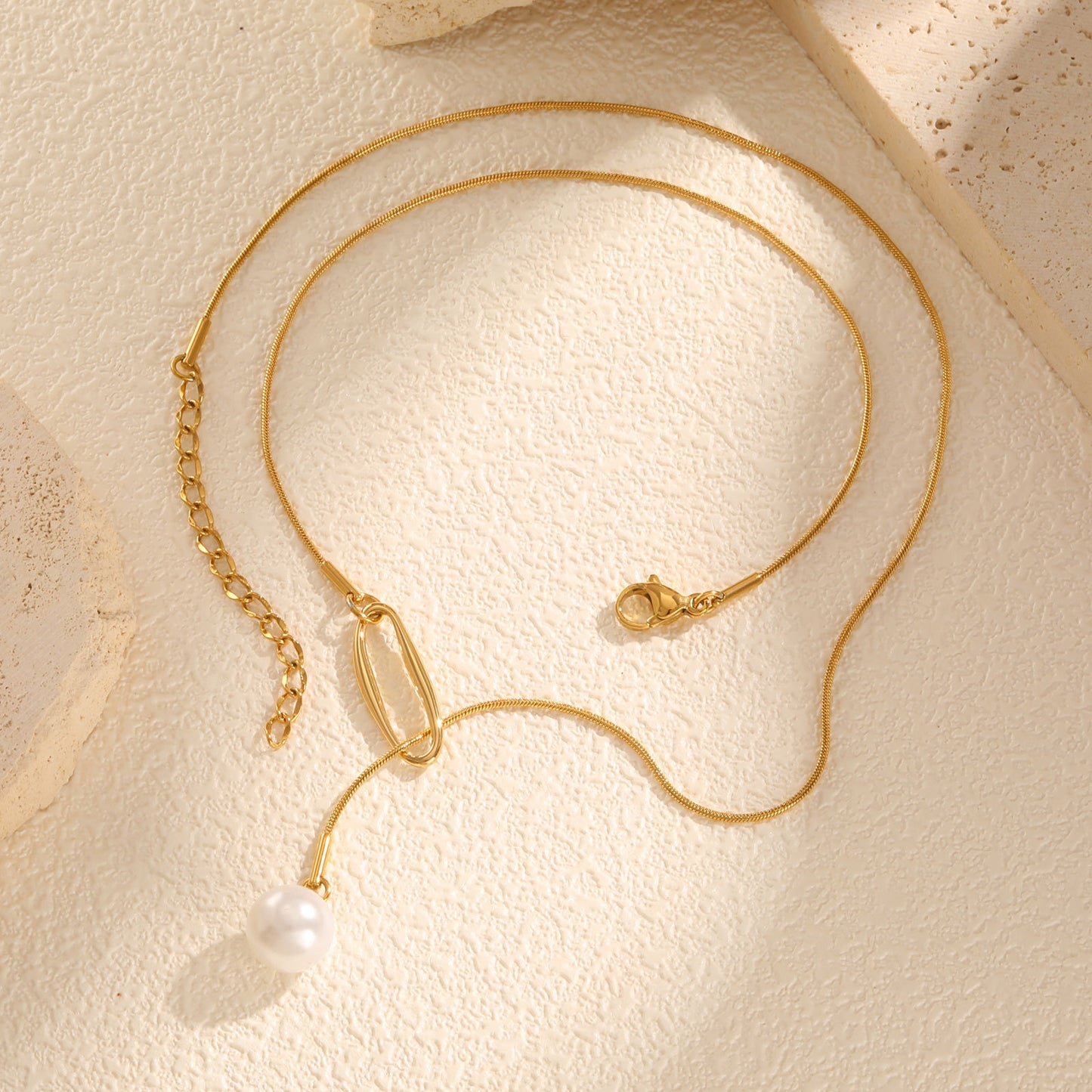 Stylish Stainless Steel Round Snake Chain Hollow Geometric Imitation Pearl Y-Shaped Necklace