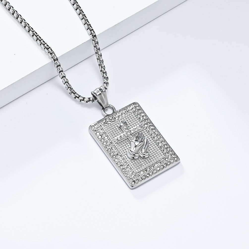 Planderful Zircon Inlaid Prayer Hand Cross Necklace For Hip Hop Fans Urban Style Premium Edition