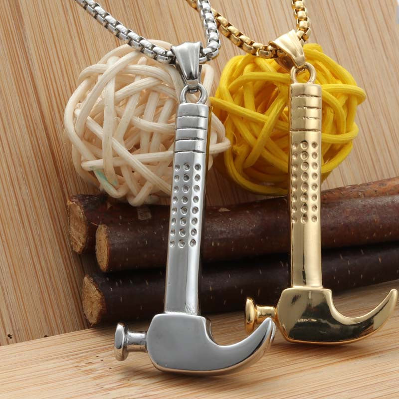 Titanium Steel Punk Hammer Pendant Necklace for Men - Retro Trendy Tool Design