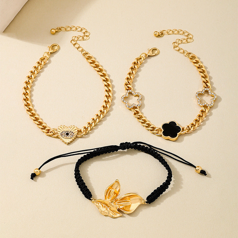 Planderful Vienna Verve Bracelet Set – Fashionable Metal Leaves with Zircon-Encrusted Clover