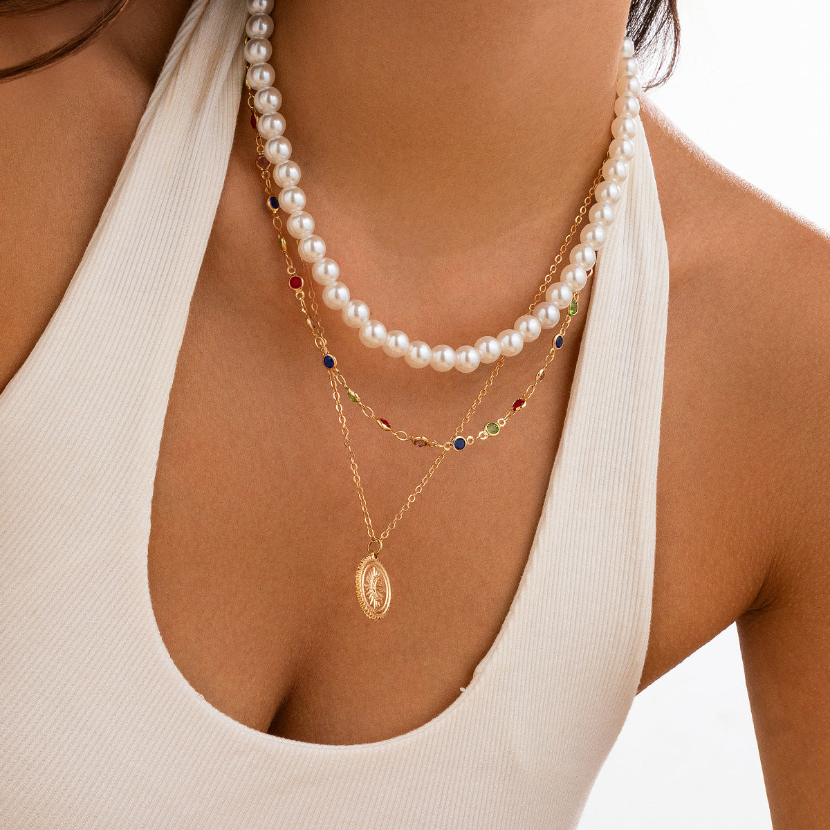 Pearl & Crystal-Style Moon Layered Necklace