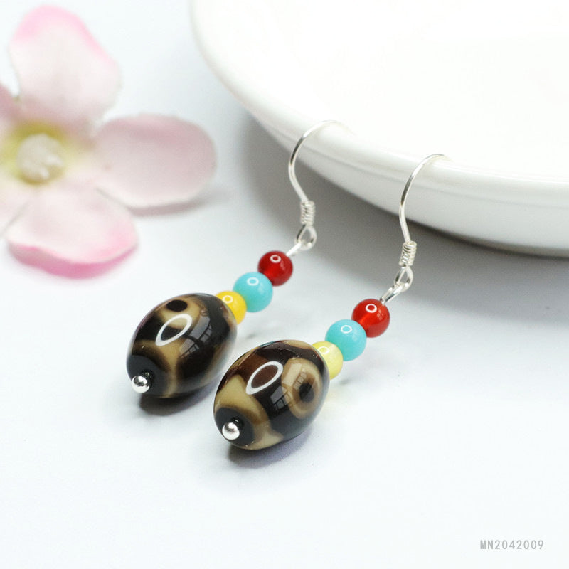 Three-Eye Dzi Agate Barrel Bead Hook Earrings