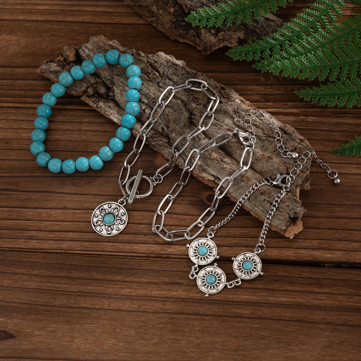 Planderful Snake Bone Bracelet For Women Unique Multi Element Ethnic Vintage Turquoise Denim Statement