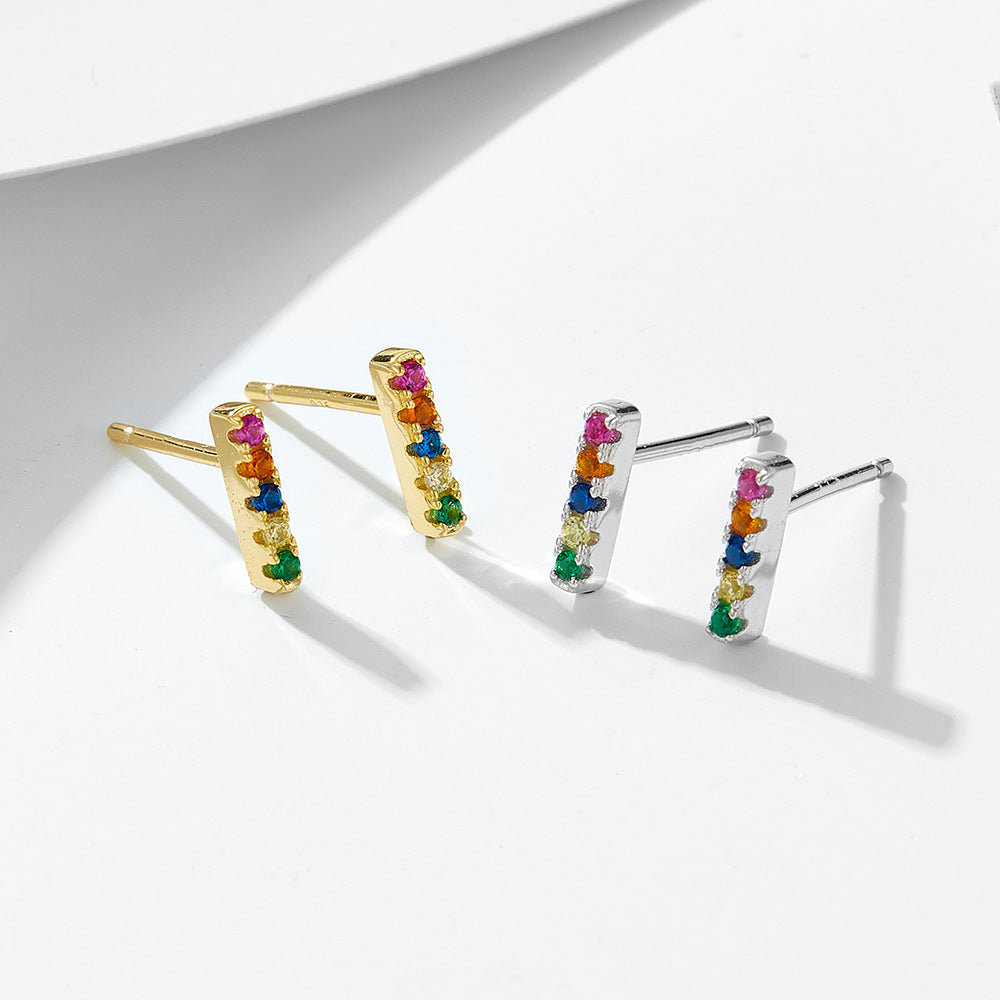 S925 Sterling Silver One-Shaped Micro-Inlaid Colored Zircon Stud Earrings And Square