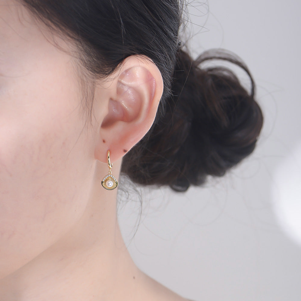 S925 Sterling Silver Shell Shape Pearl Earrings Zircon Earrings