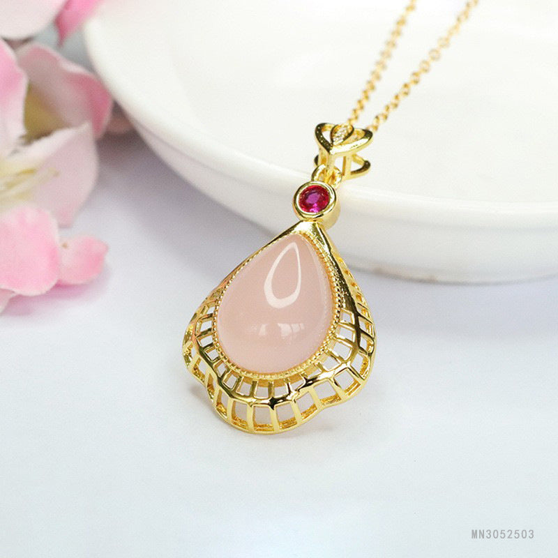 Pink Chalcedony Openwork Teardrop Pendant — No Chain