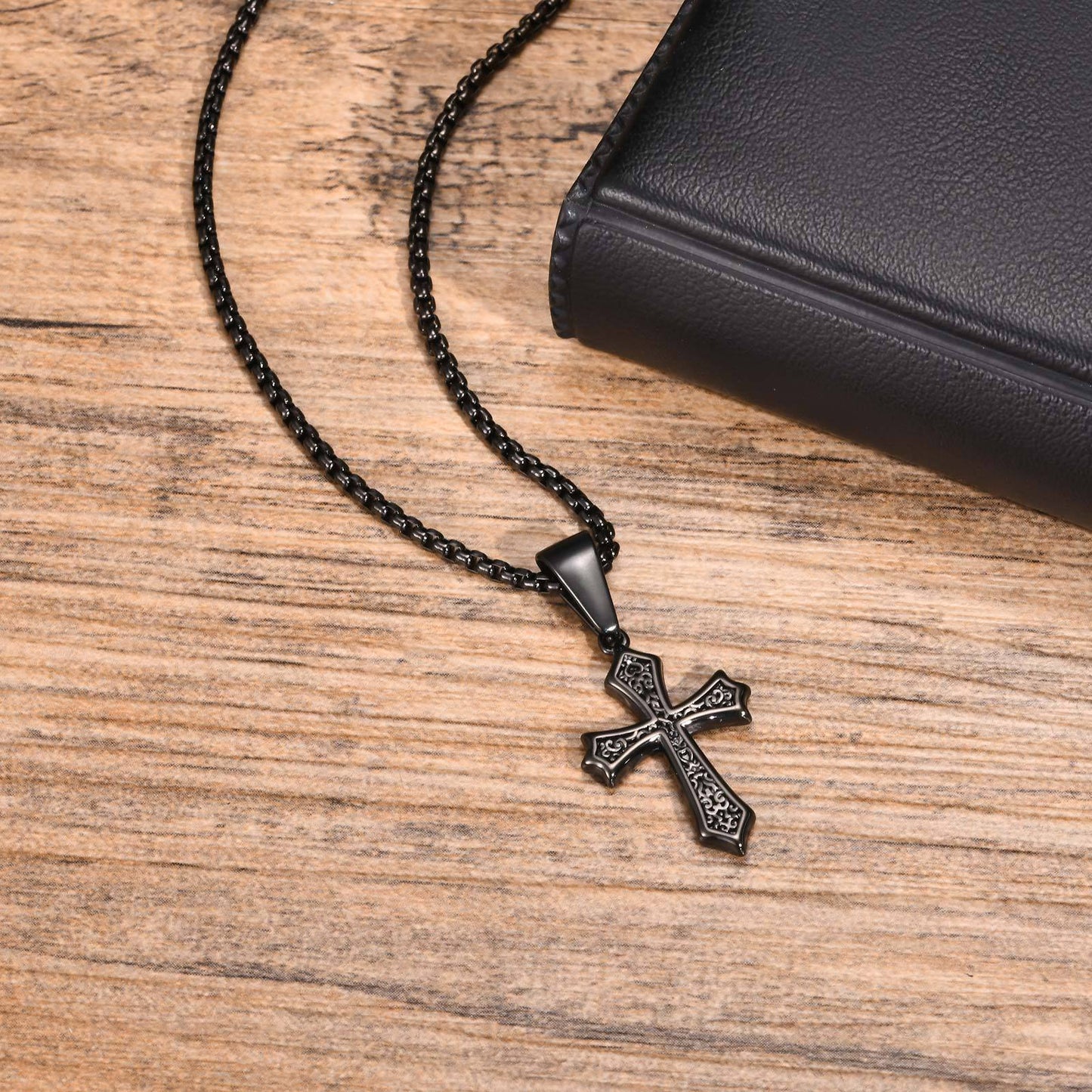 Personalized Men's Black Stainless Steel Cross Pendant Necklace