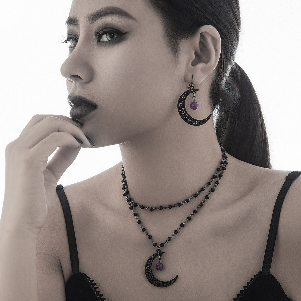 Planderful Vienna Verve Necklace and Earrings Set – Elegant Gothic Moon Pendant Design