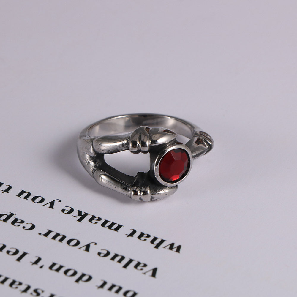 Retro Gothic Red Titanium Steel Ring for Men and Women with Zircon Accent - Trendy Domineering Fashion Ring for Index Finger