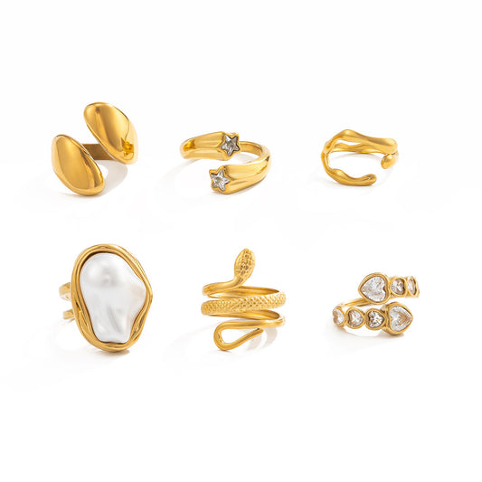 Planderful Snake Shaped Opening Ring Vienna Verve Stainless Steel Zircon Imitation Pearl Star Accent For Women