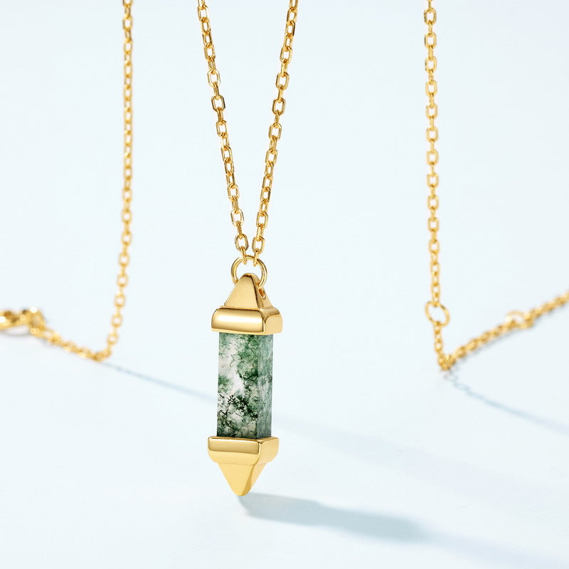 S925 Sterling Silver Moss Agate Geometric Pendant Necklace