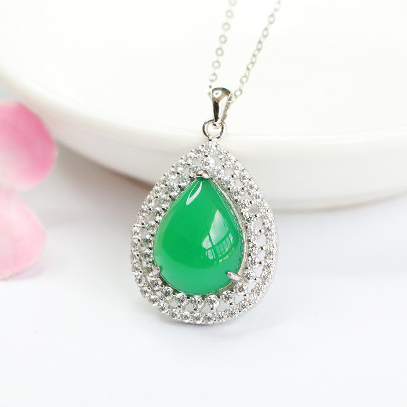 Sterling Silver Chalcedony Pendant Necklace with Zircon Halo