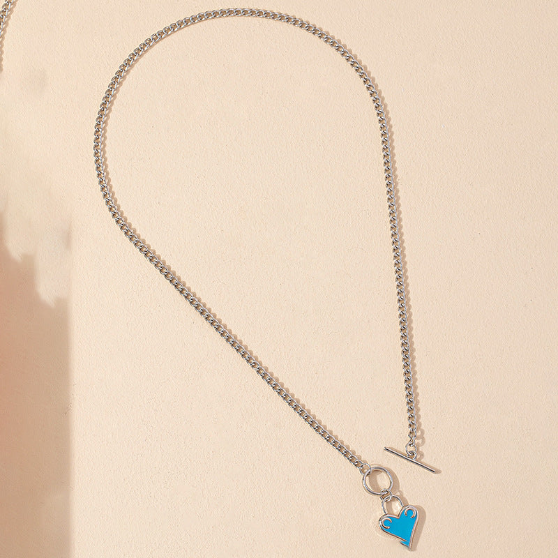 Drop Glaze Love Necklace with OT Buckle Design and Small Lock Pendant - Elegant Collarbone Chain