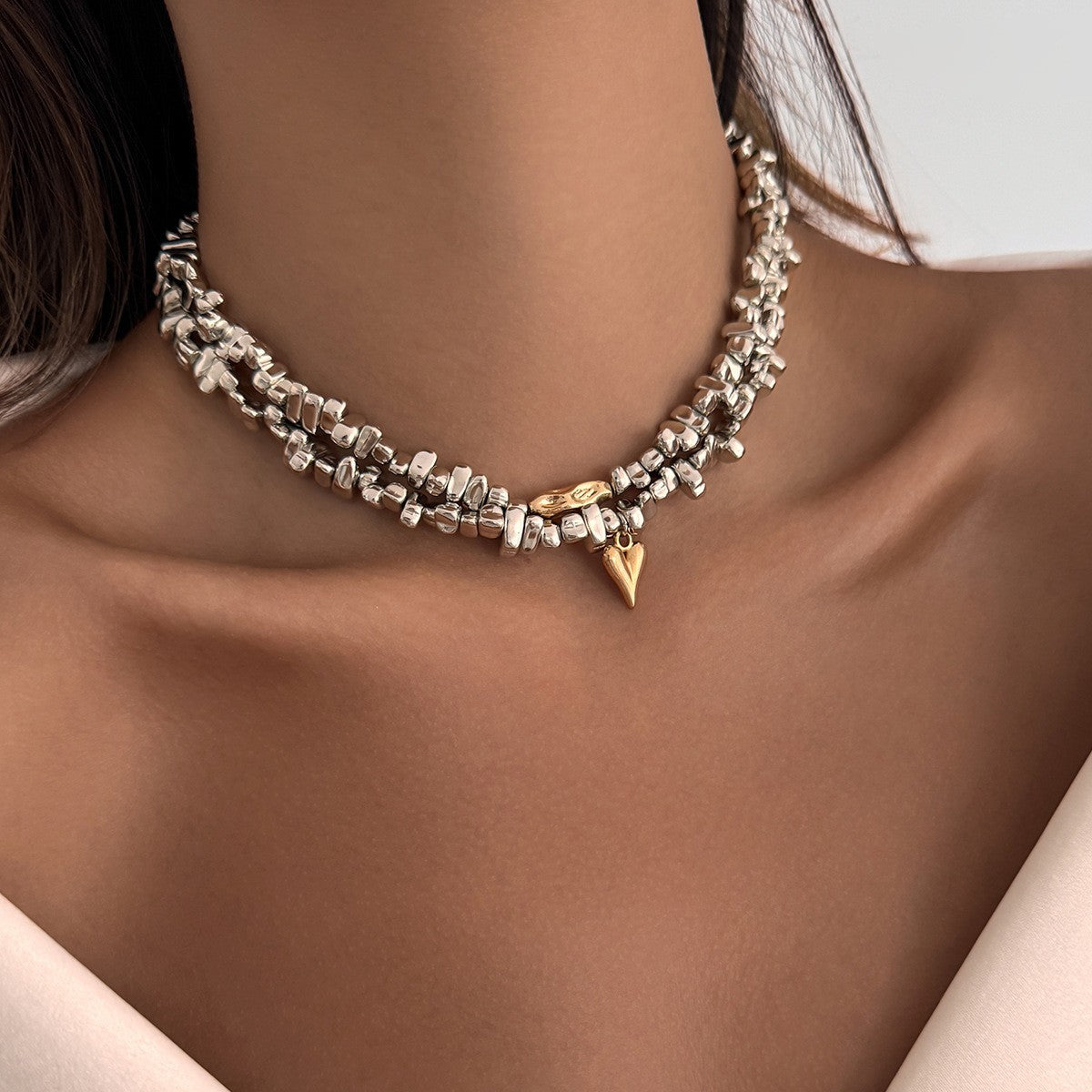 Hammered Heart Mixed-Bead Necklace
