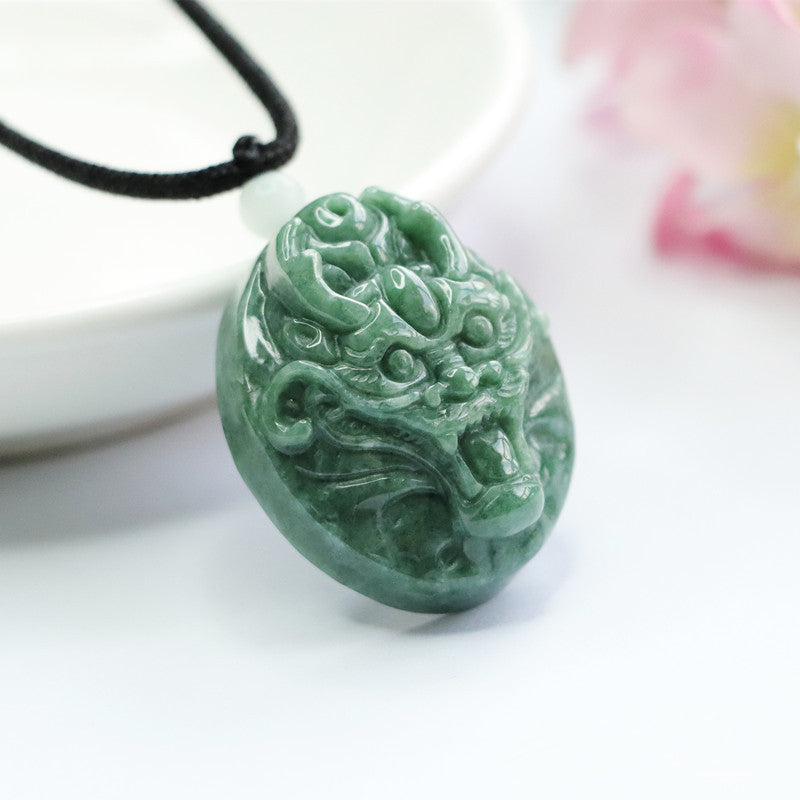 Dragon Head Oval Jade Pendant crafted in Sterling Silver - Fortune's Favor Collection