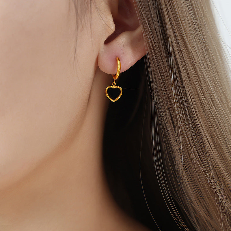 Luxurious Black Glazed Peach Heart Earrings in Titanium Steel and Gold Plating