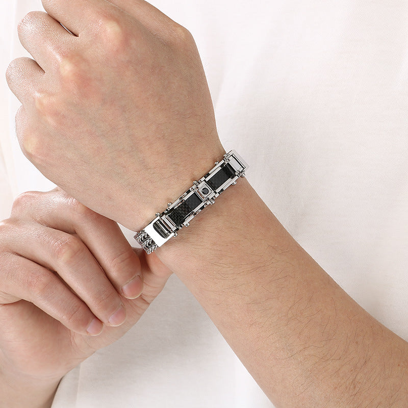 Buckle Front & Back Chain – Hip-Hop Zircon Weiya Line Mesh Curved Bar Stainless Bracelet