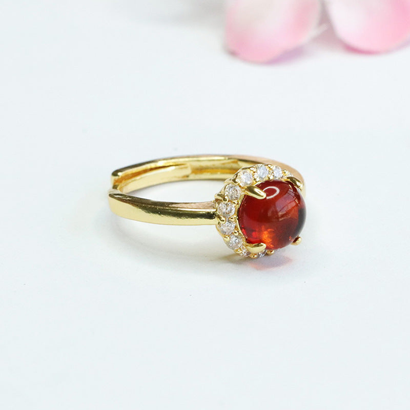 Amber Blood Zircon Ring with Halo Detail