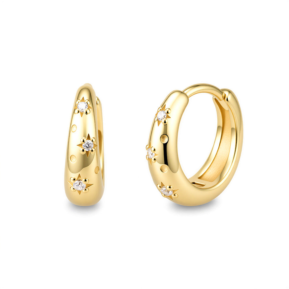 S925 Sterling Silver Metal Wide-Sided Earrings, Ear Buckles, Zircon