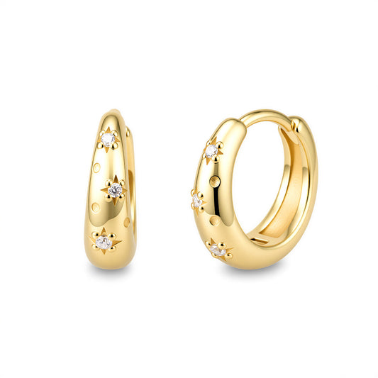S925 Sterling Silver Metal Wide-Sided Earrings, Ear Buckles, Zircon