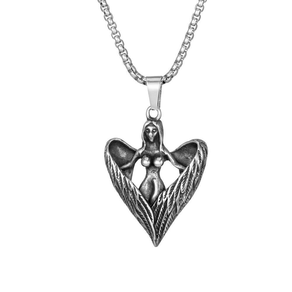 Titanium Steel Angel and Devil Men's Pendant Necklace with Retro Wings - Hip-Hop Style