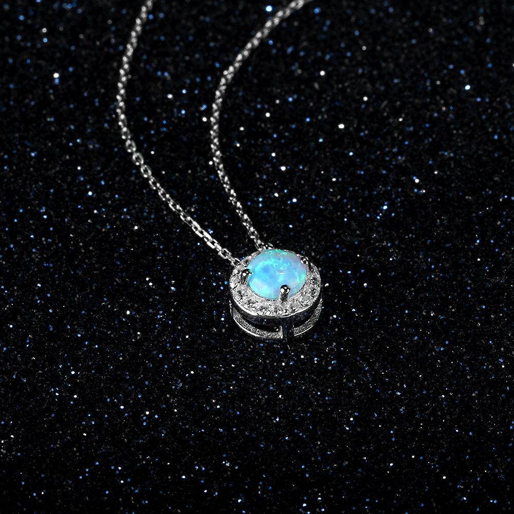Planderful Jewelry Opal Necklace In Sterling Silver With European And American Style Zircon Halo Pendant