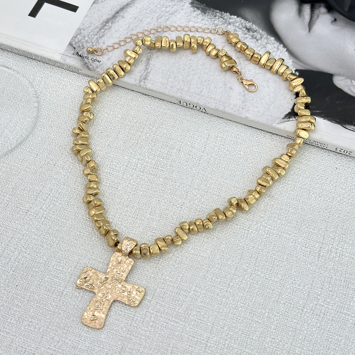 Lava Cross & Ocean Pearl Fringe Necklace