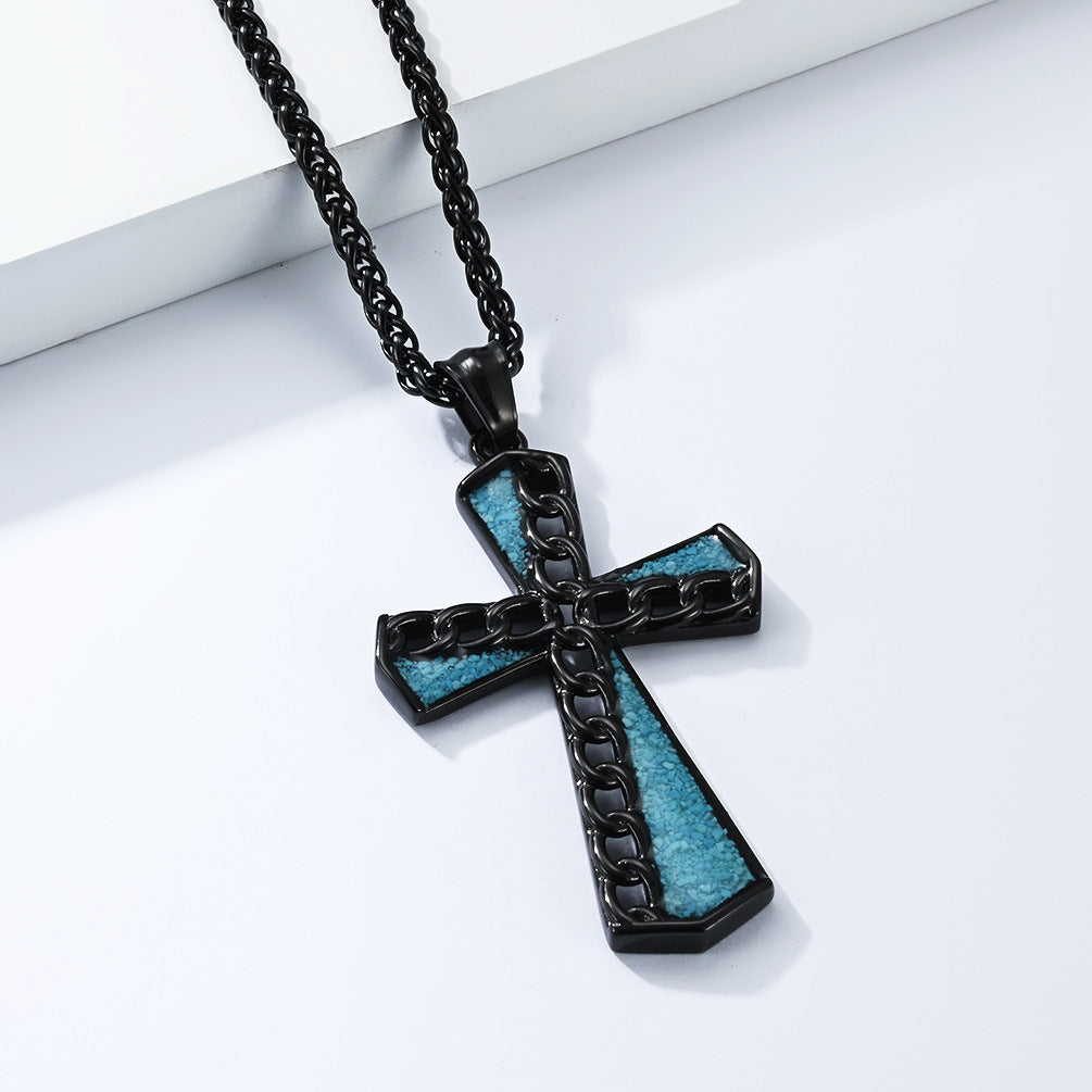 Turquoise Titanium Steel Cross Necklace For Men Unisex Nordic Style Pendant Protection Statement Planderful