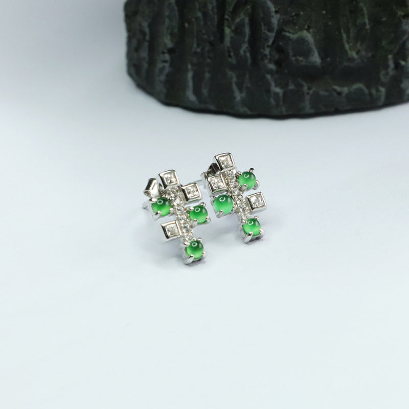 Icy Green Jadeite Cabochon 925 Silver Stud Earrings