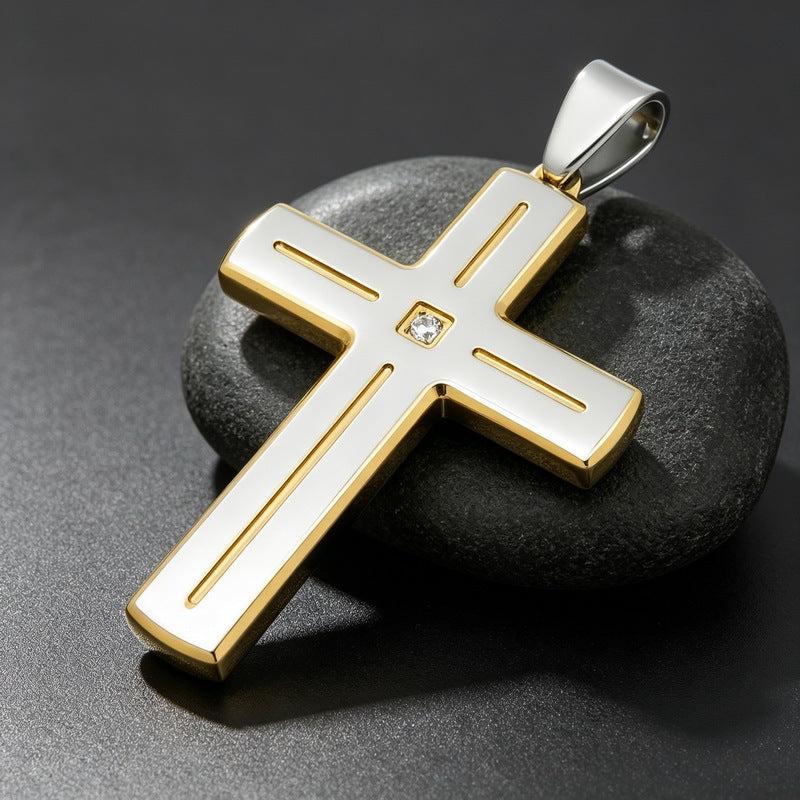 Popular Slotted Line Zircon Cross Titanium Steel Pendant Retro Contrasting Color Stainless Steel Necklace