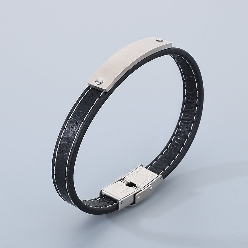 Stainless Steel Curved Bar Men's Bracelet – Business Leather Bracelet