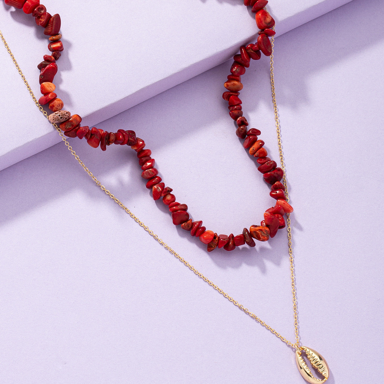 Red Stone Double-Layer Holiday Necklace: Vienna Verve Collection - Metal Neck Accessories