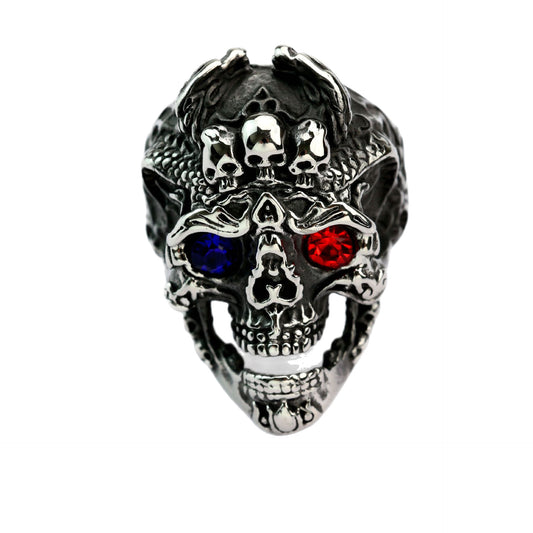 Planderful Vintage Titanium Steel Skull Ring With Blue Red Zircon Eyes For Men Bold Gothic Jewelry