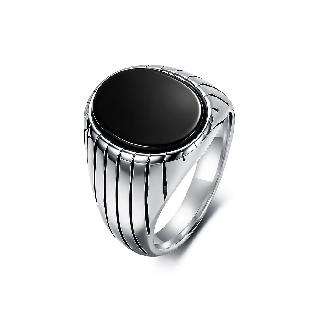 Minimalist Stainless Steel Black Gemstone Ring Men's