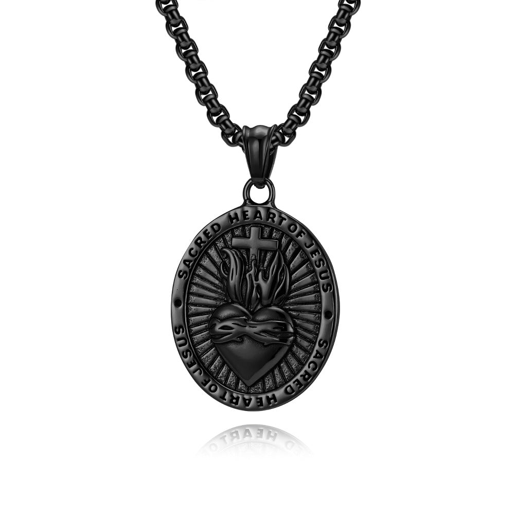 Planderful Sacred Heart Cross Titanium Steel Necklace For Men Retro European American Symbol Body Protection Jewelry