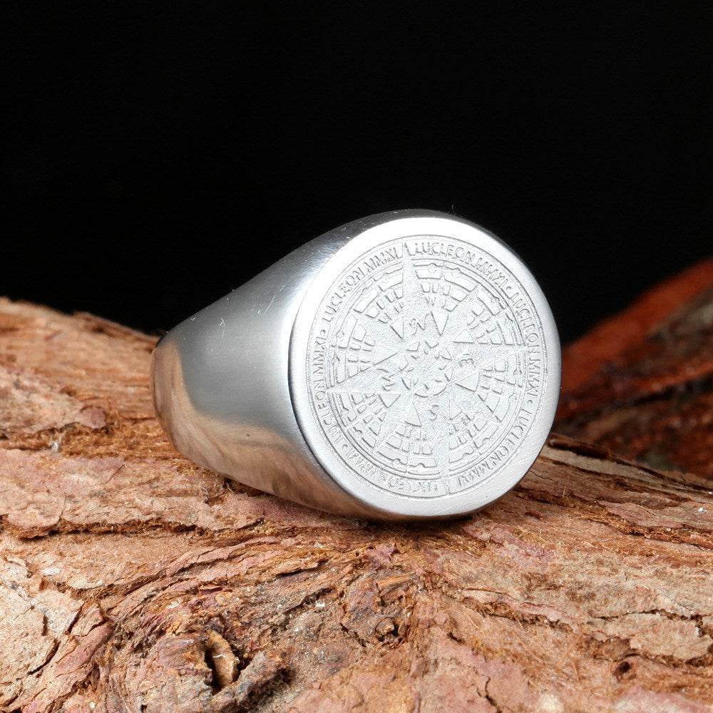 Planderful Navy Knight Mens Stainless Steel Ring Engraved Compass Gold and Steel Finish For Men