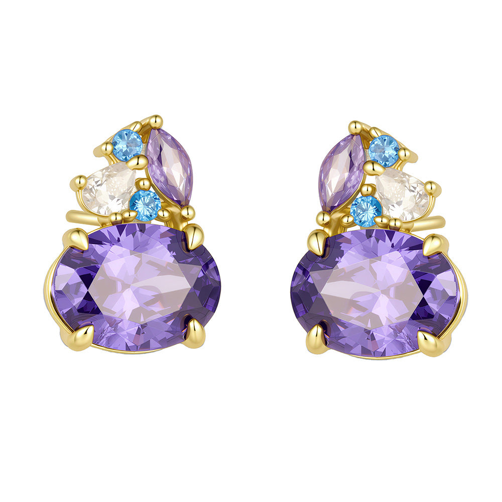 S925 Sterling Silver Colored Gemstone Stud Earrings Geometric Horse Eye Oval Purple Zircon