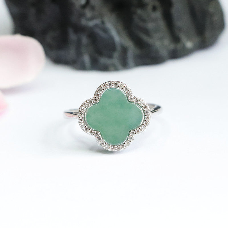 Natural Ice Blue Green Jade Sterling Silver Clover Ring