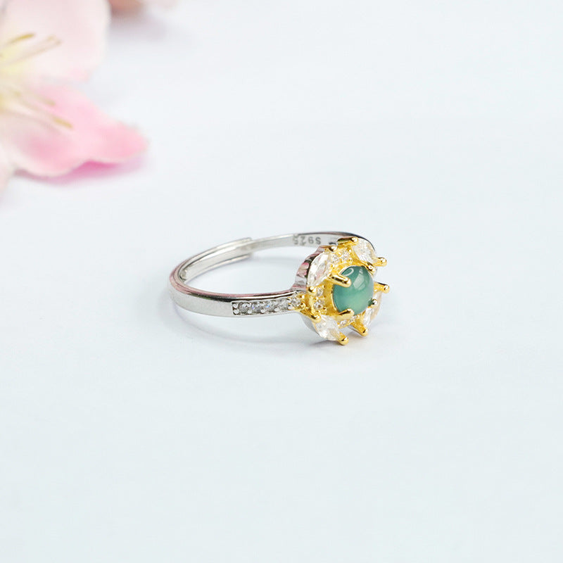 Jade and Zircon Sterling Silver Flower Ring with Ice Blue Green Jade